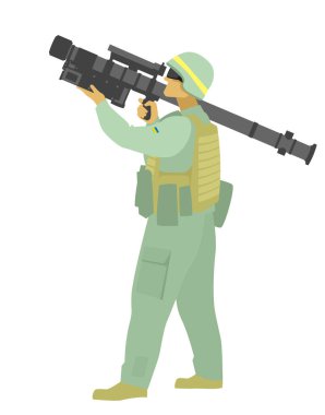 Ukrayna askerleri. Hava savunması. Manpaund 'lar. FIM-92 Stinger taşınabilir uçaksavar füze sistemine sahip piyade eri. İllüstrasyonlar için vektör resmi.