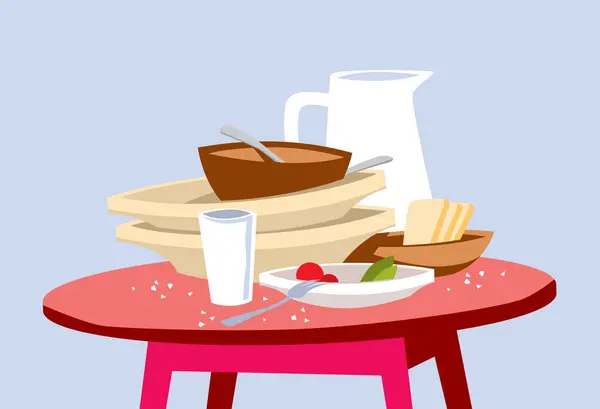 Lezzetli bir yemekten sonra. Masada kirli tabaklar ve artıklar var. Baskı, poster ve çizimler için vektör resmi.