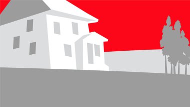Şehrin dışında bir evin grafiksel çizimi. İllüstrasyonlar için vektör resmi.