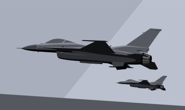 General Dynamics F-16 Falcon 'la savaşıyor. Modern bir jet savaşçısı çizimi. Yazdırma veya resimleme için vektör resmi.