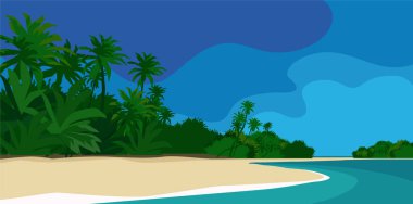 Muhteşem tropikal ada. Okyanusun ortasında sihirli bir yer. Palmiye ağaçları, sahil, deniz, dalgalar, gökyüzü. Baskı, poster ve çizimler için vektör resmi.