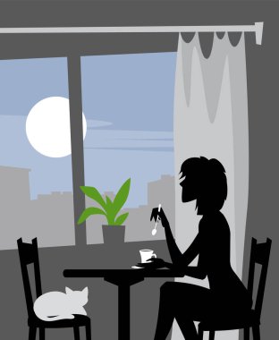 Şehrin üzerinde bir sabah. Sabahları beyaz bir kediyle pencerenin kenarında kahve içen bir kadın. Baskı, poster ve çizimler için vektör resmi.