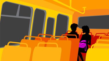 Gece otobüsündeki çift. Oğlan ve kız boş bir otobüs kulübesinde. Baskı, poster ve çizimler için vektör resmi.