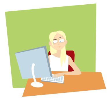 Çalış. Öğretmenlik. Bilgisayarda çalışan üzgün sarışın kız. İş yeri. Bilgisayar, monitör, klavye. Ruh hali. Baskı, poster ve çizimler için vektör resmi.