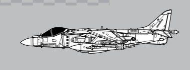 McDonnell Douglas AV-8B Harrier II Plus. VSTOL kara saldırısı uçağının vektör çizimi. Yan görüş. Resim ve bilgi grafikleri için resim.