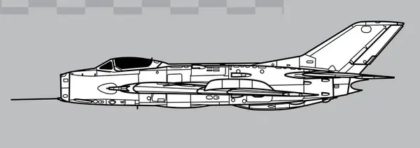 stock vector Mikoyan-Gurevich MiG-19 Farmer-A. Shenyang J-6. Vector drawing of early jet fighter aircraft. Side view. Image for illustration and infographics