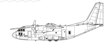 Leonardo C-27J Spartan. Orta büyüklükte bir nakliye uçağının vektör çizimi. Yan görüş. Resim ve bilgi grafikleri için resim.