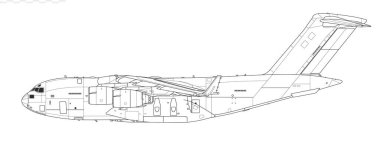 Boeing C-17 Globemaster III. Ağır nakliye uçaklarının vektör çizimi. Yan görüş. Resim ve bilgi grafikleri için resim.
