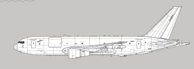 Boeing KC-46 Pegasus. Hava yakıt tankeri ve nakliye uçağının vektör çizimi. Yan görüş. Resim ve bilgi grafikleri için resim.