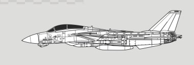 Grumman F-14 Tomcat ve AIM-54 Phoenix füzeleri. Donanma süpersonik avcı uçağının vektör çizimi. Yan görüş. Resim ve bilgi grafikleri için resim.