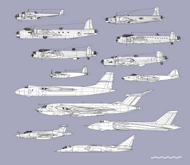 İngiliz bombardıman uçaklarının tarihi. Taslak vektör çizimi. Resim ve bilgi grafikleri için resim.
