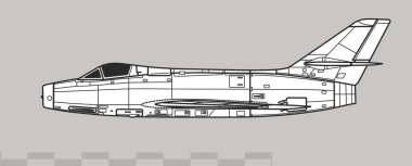 Dassault MD.454 Mystere IV. Fransız avcı bombardıman uçağının vektör çizimi. Yan görüş. Resim ve bilgi grafikleri için resim.