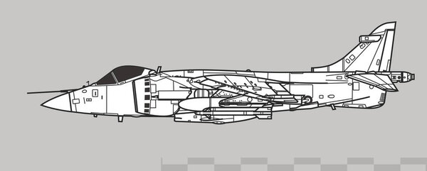 Hawker Siddeley Sea Harrier FRS1. Vector drawing of navy VSTOL fighter aircraft. Side view. Image for illustration and infographics.