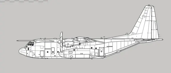 Lockheed Martin Herkül C5, C-130J. Askeri nakliye uçağının vektör çizimi. Yan görüş. Resim ve bilgi grafikleri için resim.