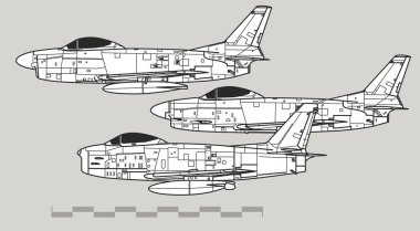 Kuzey Amerika F-86 Sabre. Erken dönem jet uçağının vektör çizimi. Yan görüş. Resim ve bilgi grafikleri için resim.