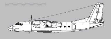 Antonov An-24 Kola. Askeri nakliye uçağının vektör çizimi. Yan görüş. Resim ve bilgi grafikleri için resim.