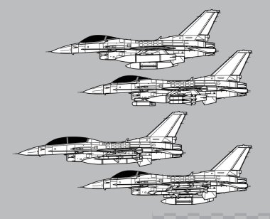 General Dynamics F-16 Falcon 'la savaşıyor. Çok yönlü taktik avcı uçağının vektör çizimi. Yan görüş. Resim ve bilgi grafikleri için resim.