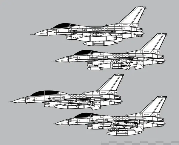 General Dynamics F-16 Falcon 'la savaşıyor. Çok yönlü taktik avcı uçağının vektör çizimi. Yan görüş. Resim ve bilgi grafikleri için resim.