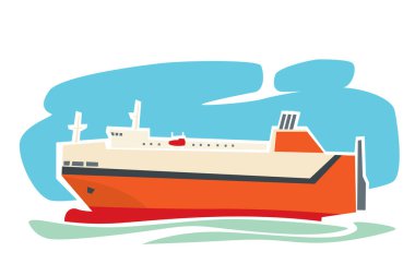 Kargo gemileri. Yuvarlanan araba taşıyıcısı. Deniz teslimatı. Baskı, poster ve çizimler için vektör resmi.