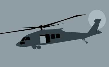 Kara Şahin Uçuşu. Gece gökyüzünde bir helikopter silueti. Baskı, poster ve çizimler için vektör resmi.