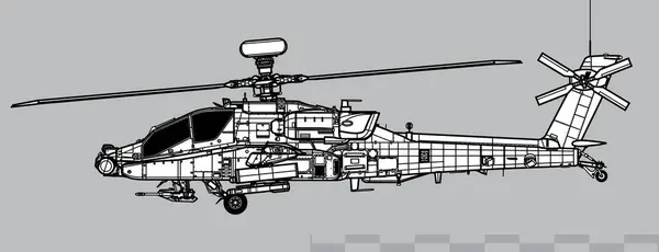 Boeing AH-64E Apaçi Koruyucusu. Saldırı helikopteri. Yan görüş. Resim ve bilgi grafikleri için resim.