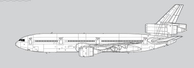 McDonnell Douglas DC-10-30. Uzun menzilli, geniş gövdeli yolcu uçağının vektör çizimi. Yan görüş. Resim ve bilgi grafikleri için resim.