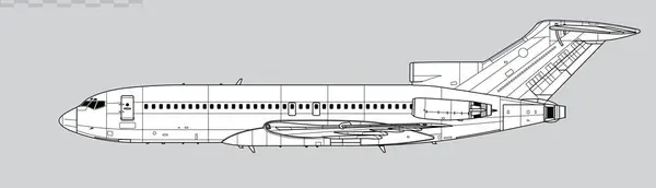 Boeing 727-100. Dar gövdeli orta menzilli yolcu uçağının vektör çizimi. Yan görüş. Resim ve bilgi grafikleri için resim