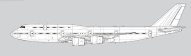 Boeing 747-8. Uzun menzilli, geniş gövdeli yolcu uçağının vektör çizimi. Yan görüş. Resim ve bilgi grafikleri için resim.