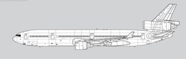 McDonnell Douglas MD-11ER. Uzun menzilli, geniş gövdeli yolcu uçağının vektör çizimi. Yan görüş. Resim ve bilgi grafikleri için resim.