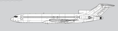 Boeing 727-200. Dar gövdeli orta menzilli yolcu uçağının vektör çizimi. Yan görüş. Resim ve bilgi grafikleri için resim.