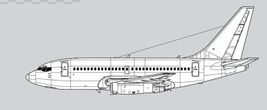 Boeing 737-100 Orijinal. Kısa menzilli yolcu uçağının vektör çizimi. Yan görüş. Resim ve bilgi grafikleri için resim.