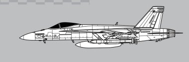 AIM-174 ile Boeing F-18E Super Hornet, SM-6 ERAM uzun menzilli hava kütlesi. Çoklu savaş uçağının vektör çizimi. Yan görüş. Resim ve bilgi grafikleri için resim.
