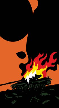 Yakma tankı. Savaş alanında imha edilmiş tank. Baskı, poster ve çizimler için karikatür resmi.