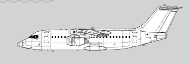 BAe 146-200. Avro RJ85. Vector drawing of regional jet airliner. Side view. Image for illustration and infographics. clipart