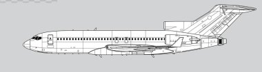Boeing 727-100 Süper 27. Orta menzilli jet uçağının vektör çizimi. Yan görüş. Resim ve bilgi grafikleri için resim.