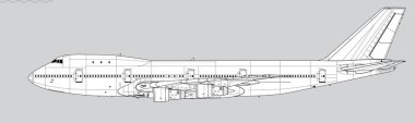 Boeing 747-100. Geniş gövdeli jet uçağının vektör çizimi. Yan görüş. Resim ve bilgi grafikleri için resim.