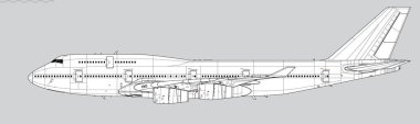 Boeing 747-400. Geniş gövdeli, uzun menzilli jet uçağının vektör çizimi. Yan görüş. Resim ve bilgi grafikleri için resim.