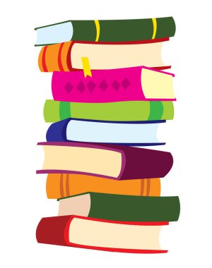Kütüphane. Renkli kapaklarda bir yığın kitap. İzole edilmiş. Baskı, poster ve çizimler için vektör resmi.