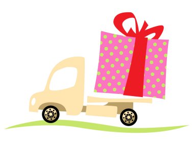 Hediye teslimatı. Küçük bir kamyon paha biçilemez bir hediye taşıyor. Baskı, poster ve çizimler için vektör resmi.