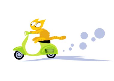 Kedi hayatı. Scooter 'a binmiş kızıl bir kedi işi için acele ediyor. Çizgi film karakteri. Baskı, logo veya çizimler için izole edilmiş resim.