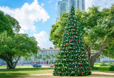 Miami körfez tarafında dekore edilmiş Noel ağacı.
