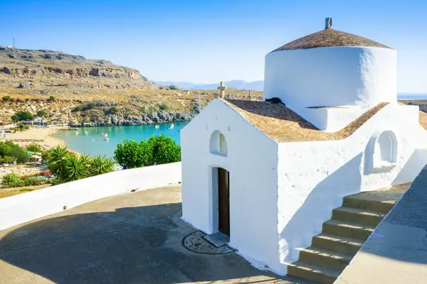 stock image Beautiful medieval architecture of Lindos town in Rhodes, Greece