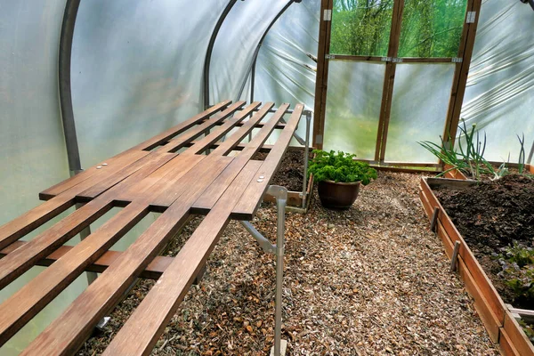 Polytunnel Construction Staging Supports Connected Polytonal Hoops Vegetable Beds Being — Stock Photo, Image