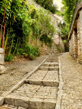 Fransa 'nın Dordogne kentindeki Roque Gageac' ın ortaçağ köyündeki kaldırımlı sokakta.