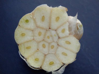 Bireysel sarımsak karanfillerinin kesitini gösteren bir sarımsak ampulünün içinden bir dilimi kapat.