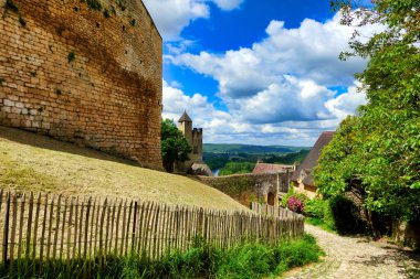 Dordogne manzarası Beynac et Cazenac 'ın tepesinden görülüyor. Fransa' nın Dordogne şehrinde güçlendirilmiş bir kasaba.