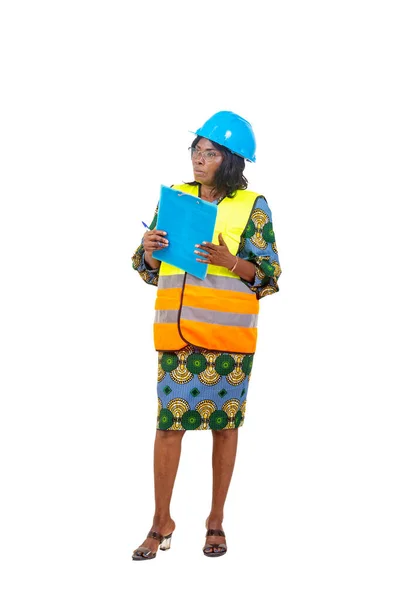 Female Engineer Traditional Clothes Standing White Background Holding Clipboard While — Fotografia de Stock