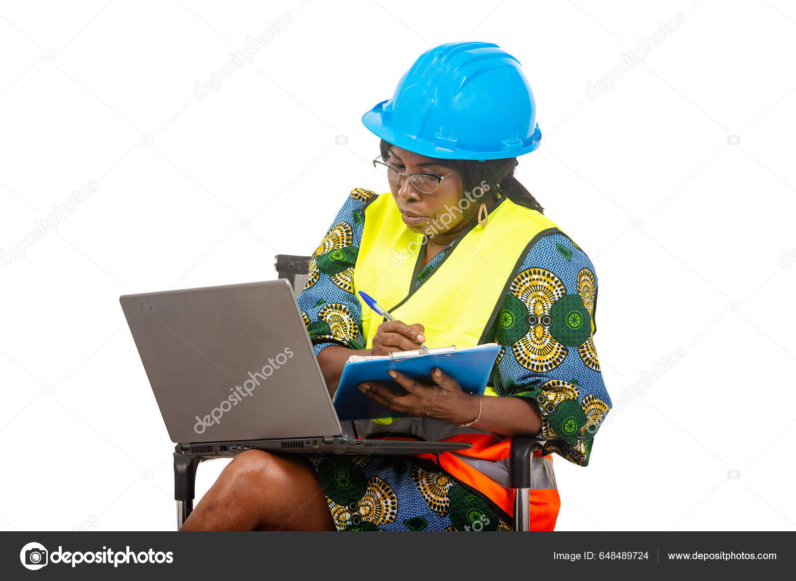 Female Engineer Hard Hat Sitting Chair White Background Working