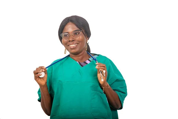Beautiful Nurse Glasses Standing White Background Stethoscope Looking Camera Laughing — Stock Photo, Image
