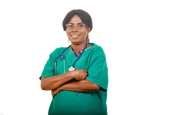 Vacker Kvinnlig Sjuksköterska Glasögon Står Över Vit Bakgrund Med Stetoskop — Stockfoto